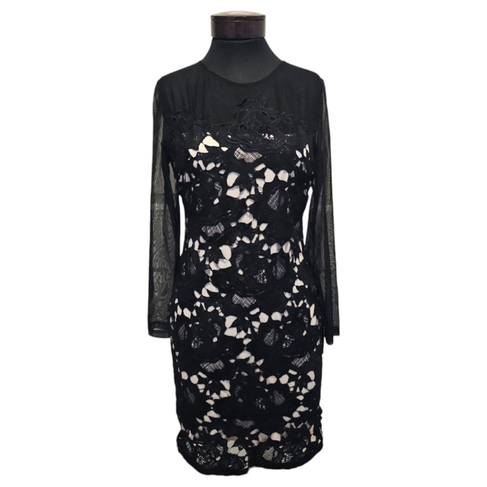 Charlotte Russe Long Sleeve Lace Overlay Cocktail Minidress Sz: L - Black/Cream